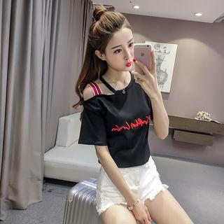 Elbow-sleeve Cutout Shoulder Embroidery Top