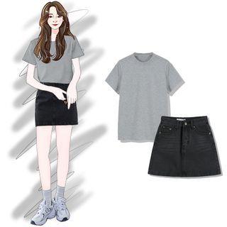 Crewneck Plain Top / High-waist Denim A-line Mini Skirt