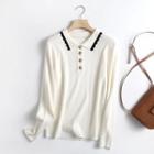 Long-sleeve Faux Leather Polo Knit Top White - One Size