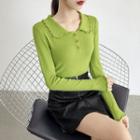 Long-sleeve Collared Ruffled Knit Top