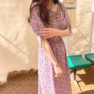 Puff Sleeve Floral Printed V-neck Chiffon Midi Dress