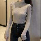 Long-sleeve Mock-neck Button-accent Knit Top