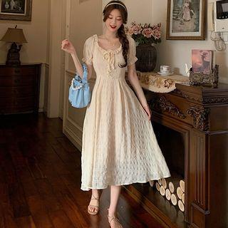 Short-sleeve Ruffle Trim Plain A-line Dress