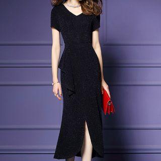 V-neck Short-sleeve Midi Sheath Dress