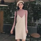 Spaghetti Strap Mini Dress / Long-sleeve Mock-neck Top