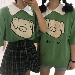 Short-sleeve Print Polo Shirt Green - One Size