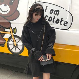 Bell-sleeve Frill Long-sleeved Loose-fit Crewneck Plain Long Sheath Dress