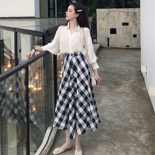 V-neck Puff-sleeve Blouse / Plaid A-line Midi Skirt