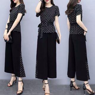 Set: Short-sleeve Dotted Blouse + Wide Leg Pants