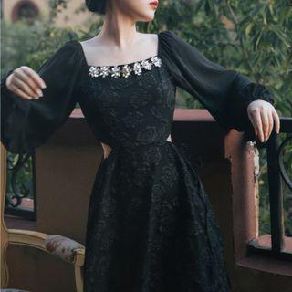 Long-sleeve Embellished Cutout Midi A-line Dress