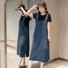 Set: Crew-neck Short-sleeve T-shirt + Denim Midi Pinafore Dress