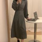 Long-sleeve Plain Shirt Dress Ash Gray - One Size
