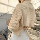 Turtleneck Cutout-back Ribbed Sweater Beige - One Size
