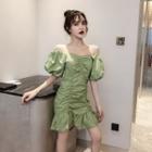 Short-sleeve Shirred Ruffled Sheath Dress