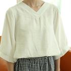 Elbow-sleeve V-neck Blouse White - One Size