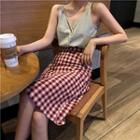 V-neck Camisole Top / High Waist Plaid Pencil Skirt