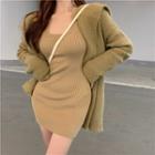 U-neck Plain Ribbed Mini Dress / Open-front Furry-knit Cardigan