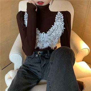 Mock Two Piece Mock Neck Lace Panel Top