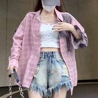 Plaid Shirt / Distressed Denim Shorts