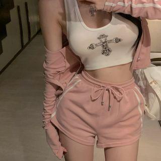 Cross Print Cropped Halter Top / Striped Hooded Zip Cropped Jacket / Shorts