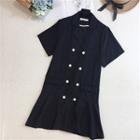 Collared Short-sleeve Double-breasted A-line Dress