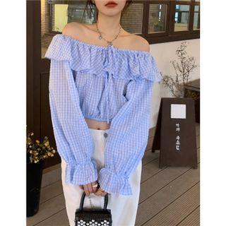 Long-sleeve Off-shoulder Check Blouse Blue - One Size