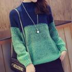 Color Block Mock Neck Chunky Knit Sweater