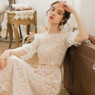 Frilled Off-shoulder Midi Lace Dress