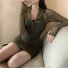 Spaghetti Strap Mini Bodycon Dress / Long-sleeve Mesh Top