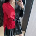 Long-sleeve Color Block Tie-waist Shirt / High-waist Pleated Skirt