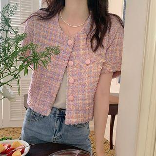 Short-sleeve Single-breasted Tweed Jacket Light Purple - One Size