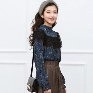 Lace Trim Printed Long-sleeve Blouse