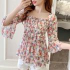 Bell-sleeve Floral Print Shirred Blouse