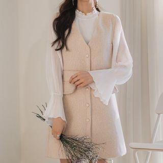 Set: Pleated Sheer Blouse + Faux-pearl Buttoned Jumper Dress