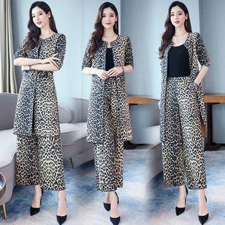 Set: Leopard Print Coat + Wide-leg Pants