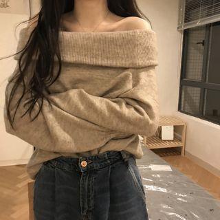 Plain Off-shoulder Long-sleeve Knit Top As Shown In Figure - One Size