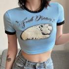 Short-sleeve Cartoon Print Cropped T-shirt Blue - One Size