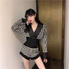 Set: Houndstooth Blouse + High-waist Shorts