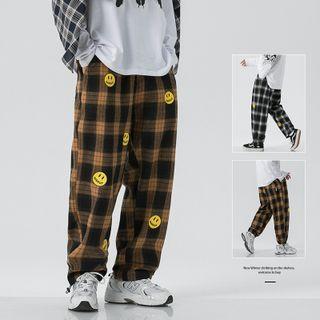 Plaid Smiley Face Print Loose Fit Pants
