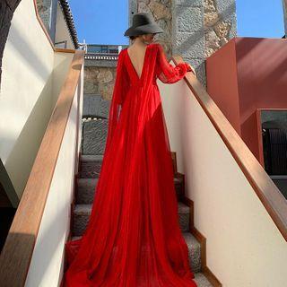 Lantern-sleeve Open-back Maxi A-line Dress