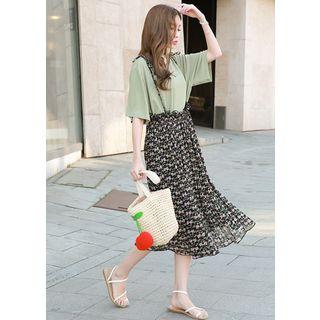 Pleated Floral Long Suspender Skirt