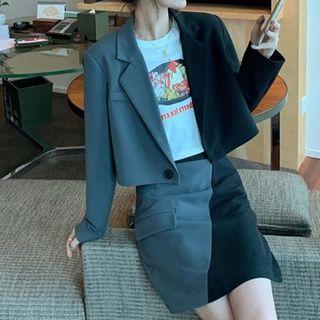 Set: Cropped Single-breasted Two-tone Blazer + Mini Skirt