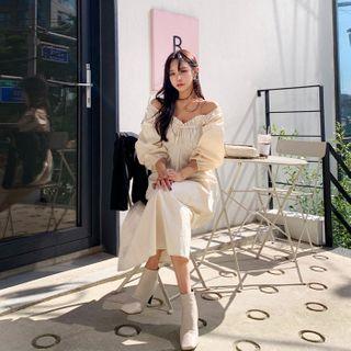 Beribboned Shirred Midi Empire Dress