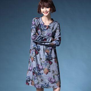 Floral Print Linen Cotton Long-sleeve Dress