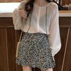 Long-sleeve Chiffon Shirt / Floral Print Mini A-line Skirt