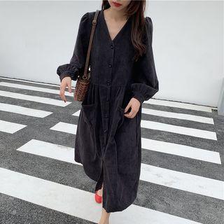 Buttoned A-line Midi Corduroy Dress