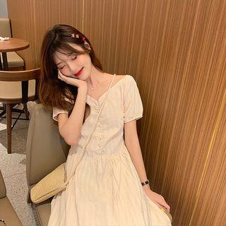 V-neck Puff-sleeve Dress Almond - One Size