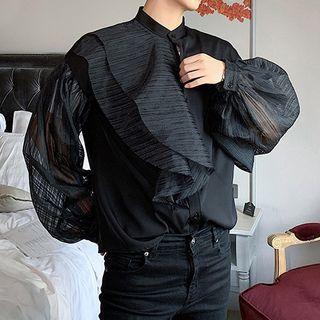 Puff-sleeve Lace Paneled Ruffled Shirt