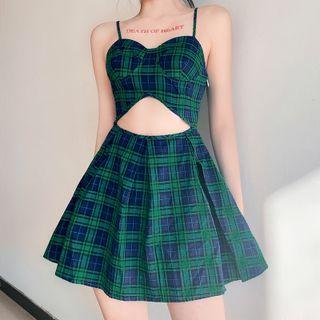 Spaghetti Strap Plaid Cut-out Mini A-line Dress