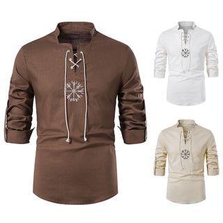 Long-sleeve Embroidered Lace Up Top